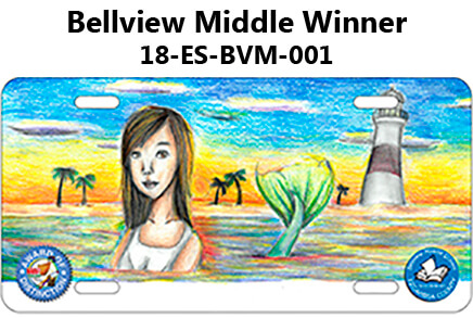 Bellview Middle Winner - Tag is a water scene with trees and lighthouse in the background with mermaid swimming in the foreground