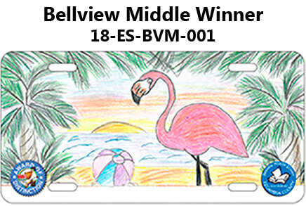 Bellview Middle winner - Tag is a pink flamingo on the beach with a beach ball, water in the background, sun on the horizon and palm branches