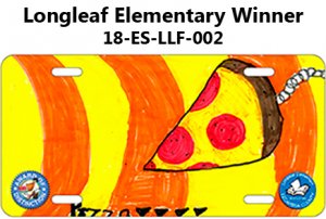 Longleaf Elementary Winner - Tag is yellow and orange stripes with a picture of a slice of pepperoni pizza