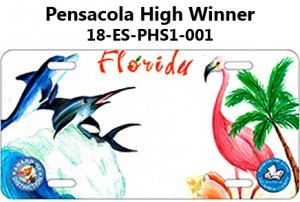 Pensacola High Winner - Tag has dolphins jumping ou of the water, a seashell, a flamingo and a palm tree - Reads Florida across the top