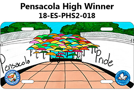 Pensacola High Winner - Tag has Pensacola Pride written on walls that border a paved walkway with a canopy of colorful umbrellas over top of the path