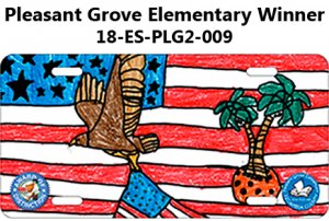 Pleasant Grove Elementary Winner - Tag is an American Flag with and Eagle flying carrying an American Flag and has a palm tree in the background