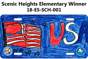 Scenic Heights Elementary Winner - Tag is has a blue background with an American Flag and reads U S A