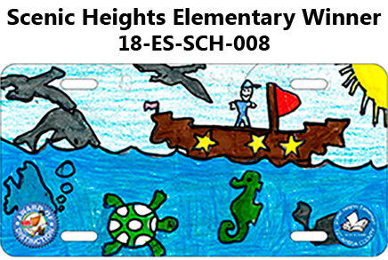 Scenic Heights Elementary Winner - Tag is a water scene with sea creatures, birds, and person in a boat