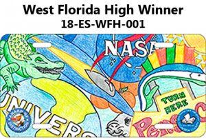 West Florida High Winner - Tag depicts various images from around the state including an alligator, Universal Studios, NASA, the Blue Angels and the Pensacola Beach sign