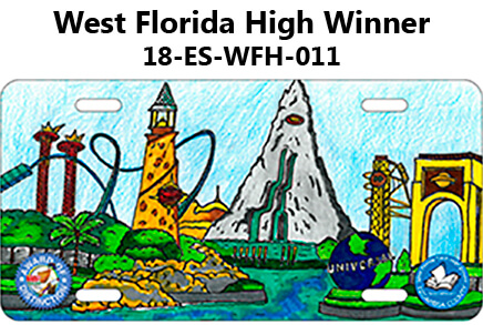 West Florida High winner - Tag depicts Universal Studios amusement park with roller coaster and other rides
